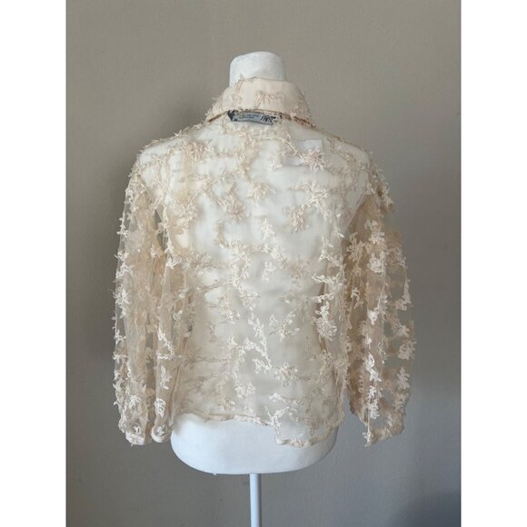 ZARA NWOT womens ivory mesh floral pattern button down blouse XL - Picture 6 of 7